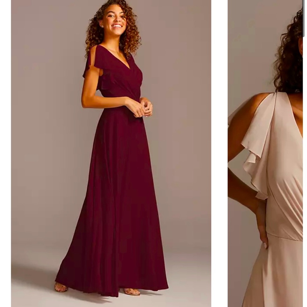 DAVIDS BRIDAL FLUTTER SLEEVE BRIDESMAID DRESS WINE SIZE 10